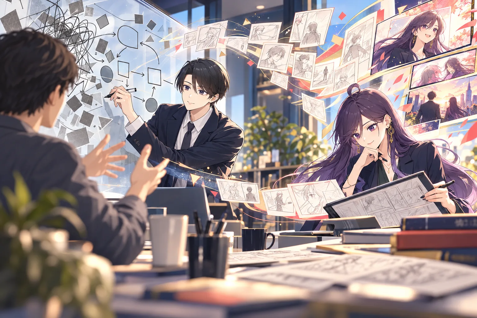 顧客へのヒアリングから漫画動画の物語を設計する様子