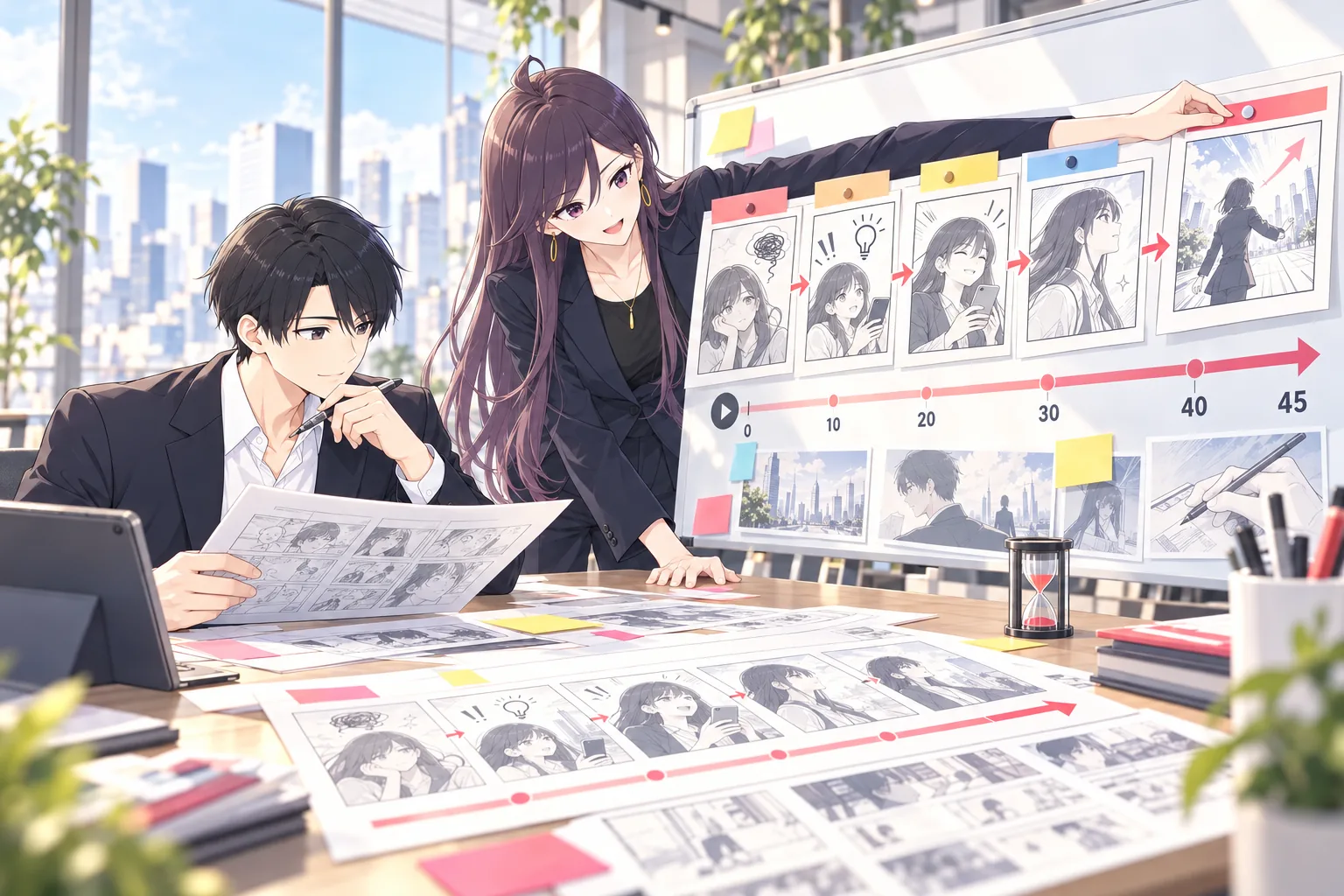 宮尾と南條が45秒の漫画動画を5つの場面に分けて設計している様子