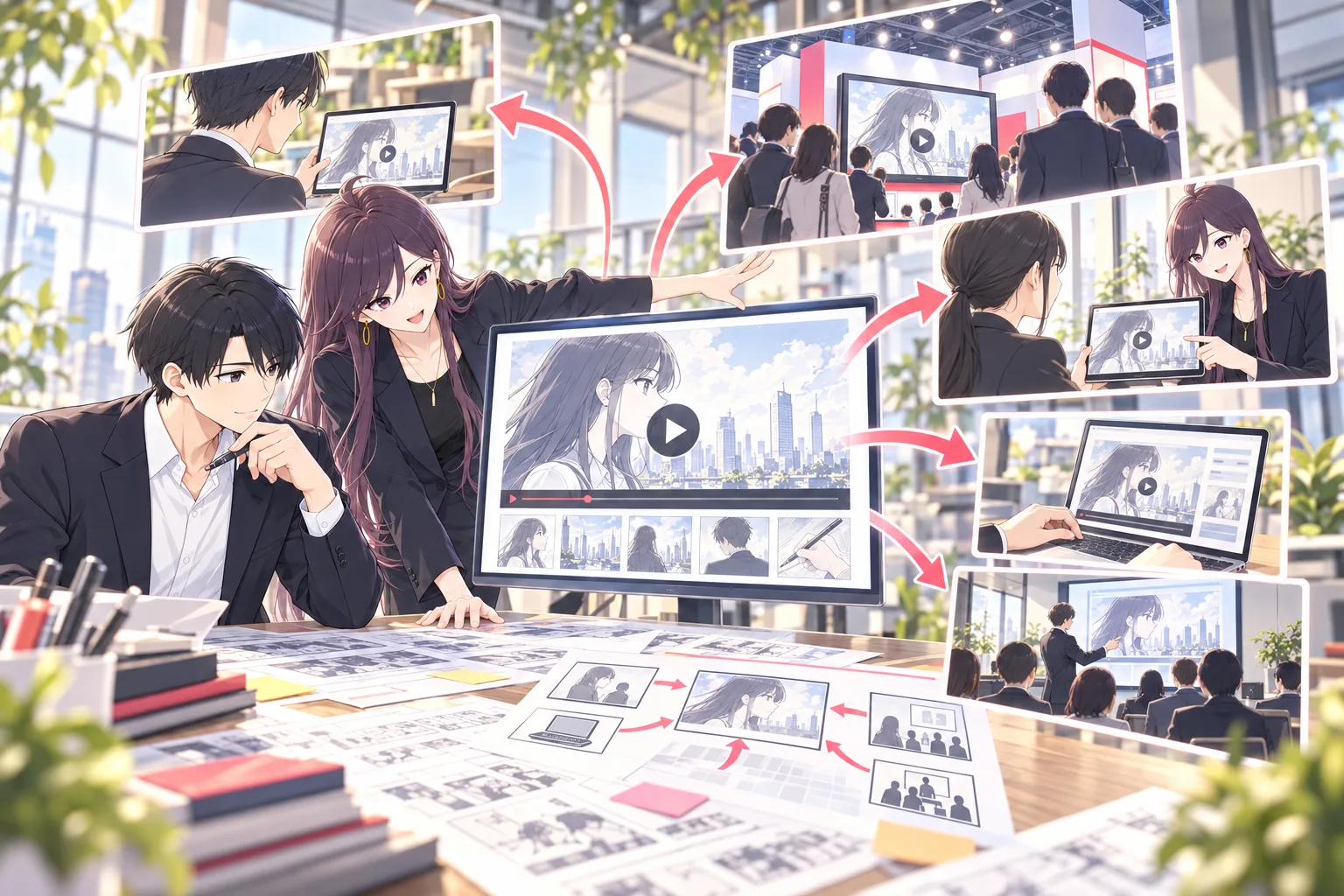 宮尾と南條が一本の漫画動画を営業、展示会、採用へ展開している様子